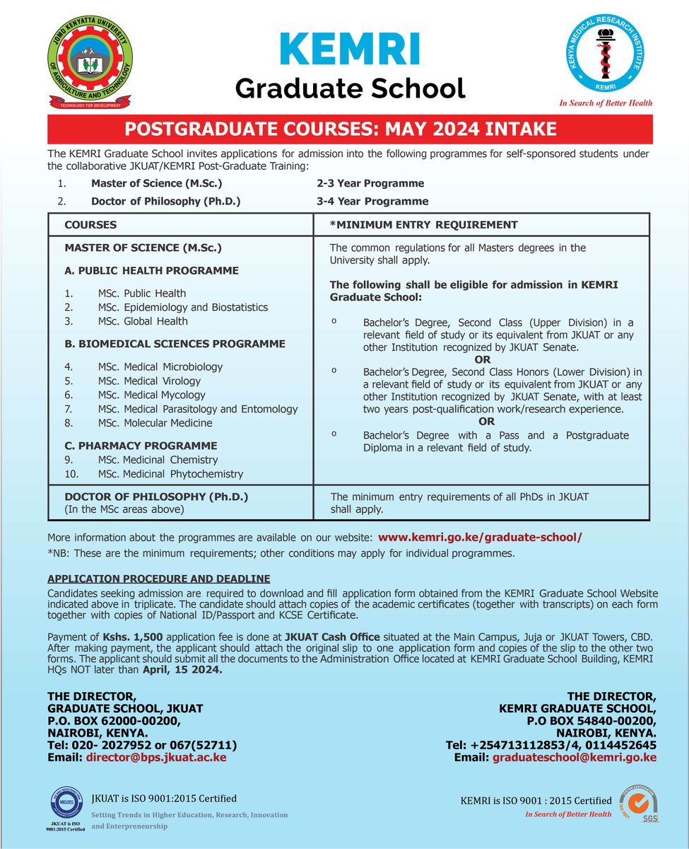 🚨 Don't miss out! Applications are currently open for the May 2024 intake for collaborative postgraduate programs (MSc & PhD) with @DiscoverJKUAT 📅Deadline: April 15, 2024 🔗 For more details, visit: kemri.go.ke/graduate-schoo… 📧 For inquiries, contact graduateschool@kemri.go.ke