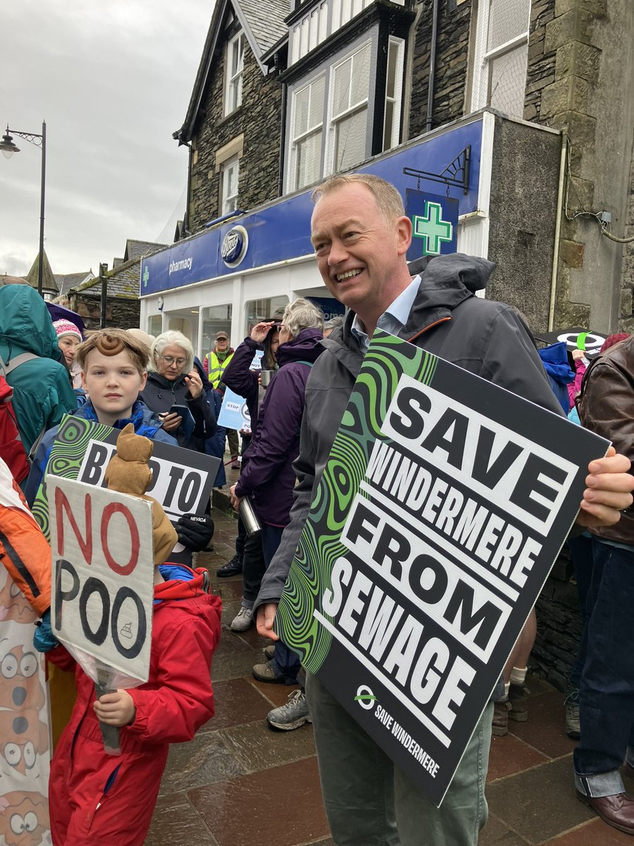 StephSpyro's tweet photo. Locals in Windermere are out in full force to protest against sewage dumps leading to England’s largest lake.

Feargal Sharkey and Tim Farron MP among dozens of protesters outside United Utilities’ information centre. https://t.co/POjYpu4kHZ