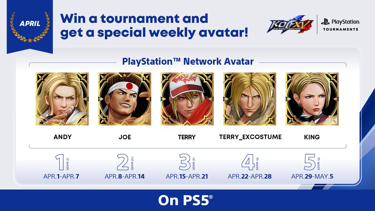 [KOF XV] Participate in the 'KOF XV' #PS5 tournament and get a special PSN avatar! ■How to participate Register from the PS5 console game hub *Times and frequency vary by region #KOFXV #KOF15