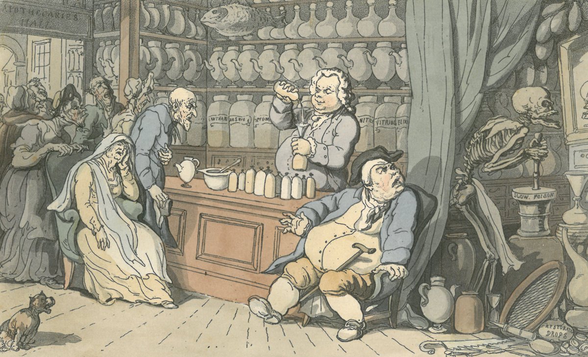 1/3) This print by Thomas Rowlandson shows us what people thought of  medicines in the early 19th century. Titled 'The Quack Doctor' this etching  dates to 1814, a time when most medicines, image size:1200x730