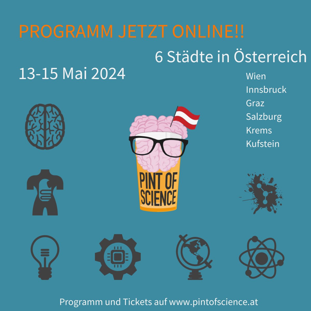 Pint of Science Austria (@pintofscienceat) on Twitter photo ☀️What a day: Die Sonne scheint, die Vögel zwitschern und... das Programm für #pint24 ist endlich online!
🍻 Von 13.-15. Mai könnt ihr in 6 Städten in Österreich Neuestes aus Wissenschaft und Forschung erfahren - und das gemütlich bei einem Bier 😀
👉 pintofscience.at ☀️What a day: Die Sonne scheint, die Vögel zwitschern und... das Programm für #pint24 ist endlich online!
🍻 Von 13.-15. Mai könnt ihr in 6 Städten in Österreich Neuestes aus Wissenschaft und Forschung erfahren - und das gemütlich bei einem Bier 😀
👉 pintofscience.at