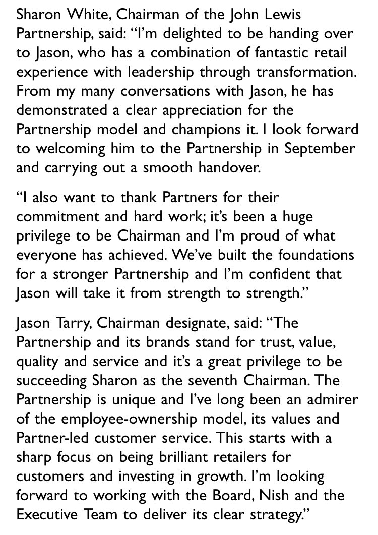 Big news from John Lewis Partnership this morning as Tesco veteran Jason Tarry appointed as new chairman. Sharon White to now leave in September. Hire is a big move to quash constant criticism about lack of retail expertise at the top of the retail group.