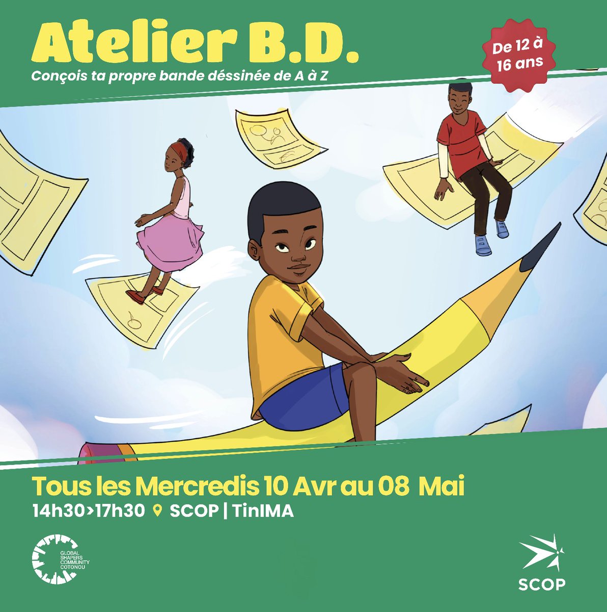 📚BD + sensibilisation aux enjeux environnementaux = les ateliers de Conception Bande dessinée pour les jeunes talents âgés de 12 à 16 ans. 🗓️Du 10 avril au 8 mai 2024, Sèmè City et Global Shapers Cotonou organisent ces ateliers chaque mercredi. 🔗 linktr.ee/semecity