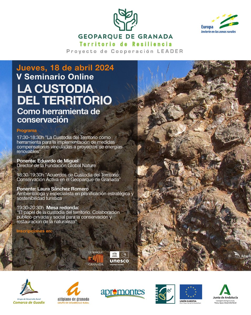 V Seminario Online: La Custodia del Territorio como herramienta de conservación. Jueves, 18 de abril de 2024 ONLINE 17:30-20:30h Inscríbete en forms.gle/22kruwyD9h5gkq… Proyecto de #cooperación #LEADER 'Geoparque de Granada: territorio de resiliencia'.