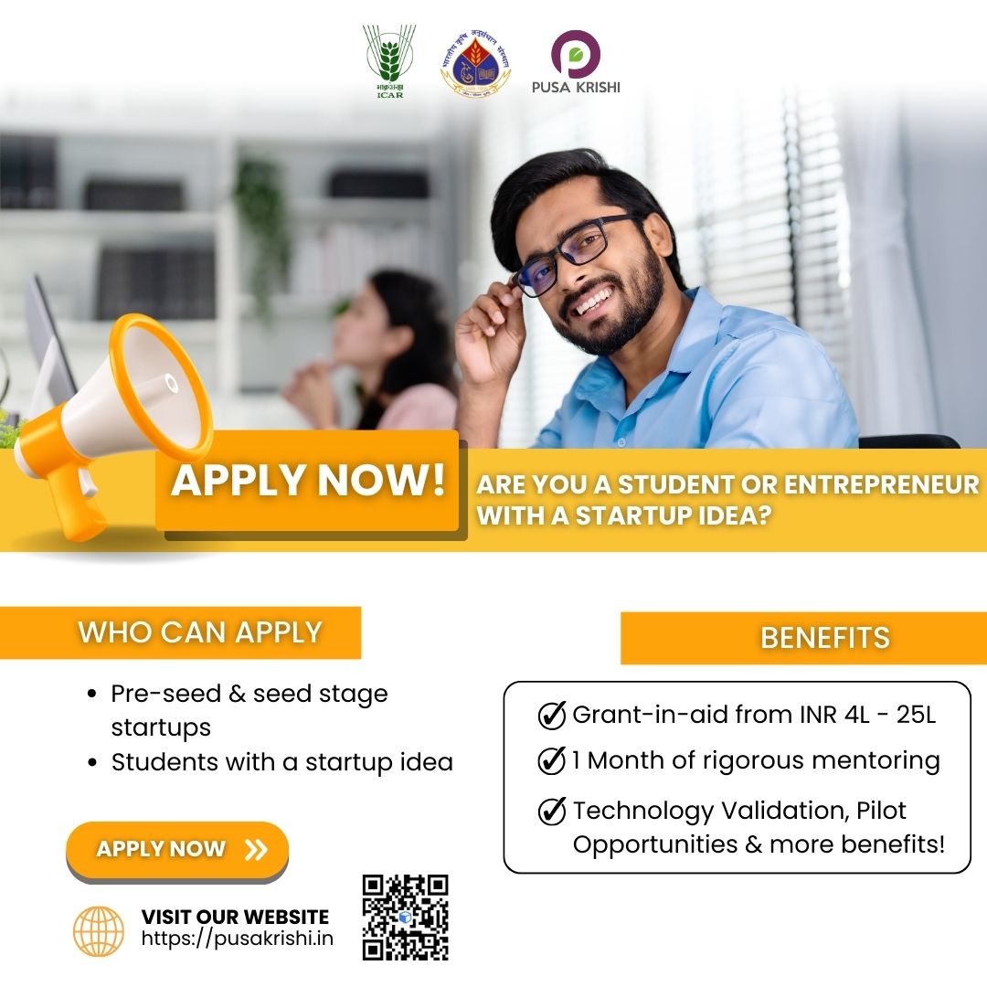 Get ready to transform your agri-business dreams into reality!. Don't miss this opportunity to join India's most transformative incubation program.
Apply Now: pusakrishi.accubate.app/ext/form/1980/… 
#agriinnovations #agristartups #startupindia #agriculturesector #indianstartups #pusakrishi