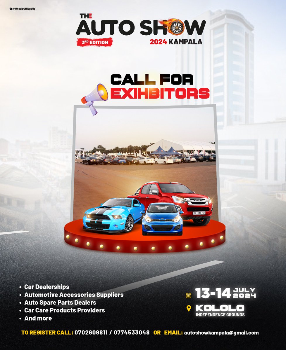 Are you a car dealership? Do you sell car spare parts & accessories? Are you a car garage or do custom builds? Do you do repairs or servicing? Car upholstery or restorations? Register now to exhibit, network, market & sell at the #AutoShowKampala2024 from 13-14 July at Kololo