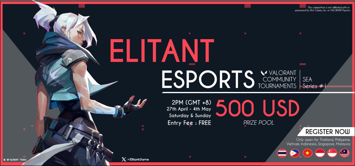 Elitant <a href="/ElitantGame/">Elitant</a> is hosting a Valorent community tournament with USD 500 total cash prize pool. 
Grab your friends and join us now.
Registration: linktr.ee/Elitant

#Valorent #community #tournament #SEA #Vietnam #Thailand #Indonesia #Philippines #Singapore #Malaysia
