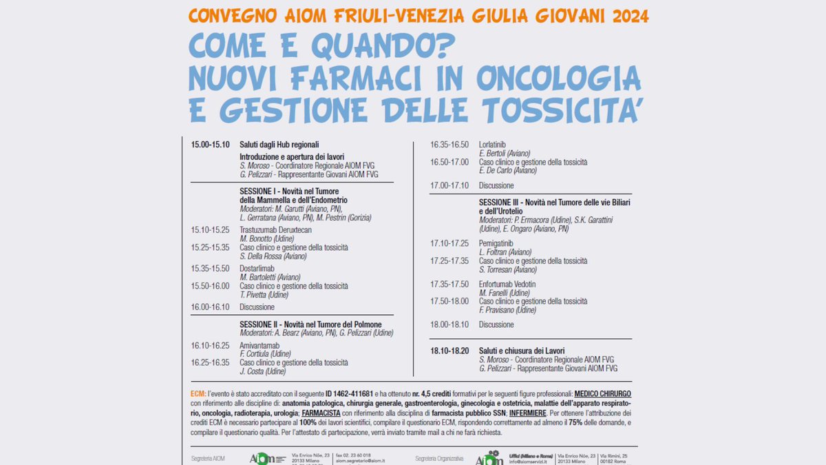 AsugiFVG's tweet photo. #CORSOECM
Convegno AIOM Friuli-Venezia Giulia giovani 2024 -
Nuovi farmaci in Oncologia e gestione delle tossicità
per maggiori informazioni 👉 https://t.co/vFhn7xSX1C https://t.co/v04qbBW8Uv