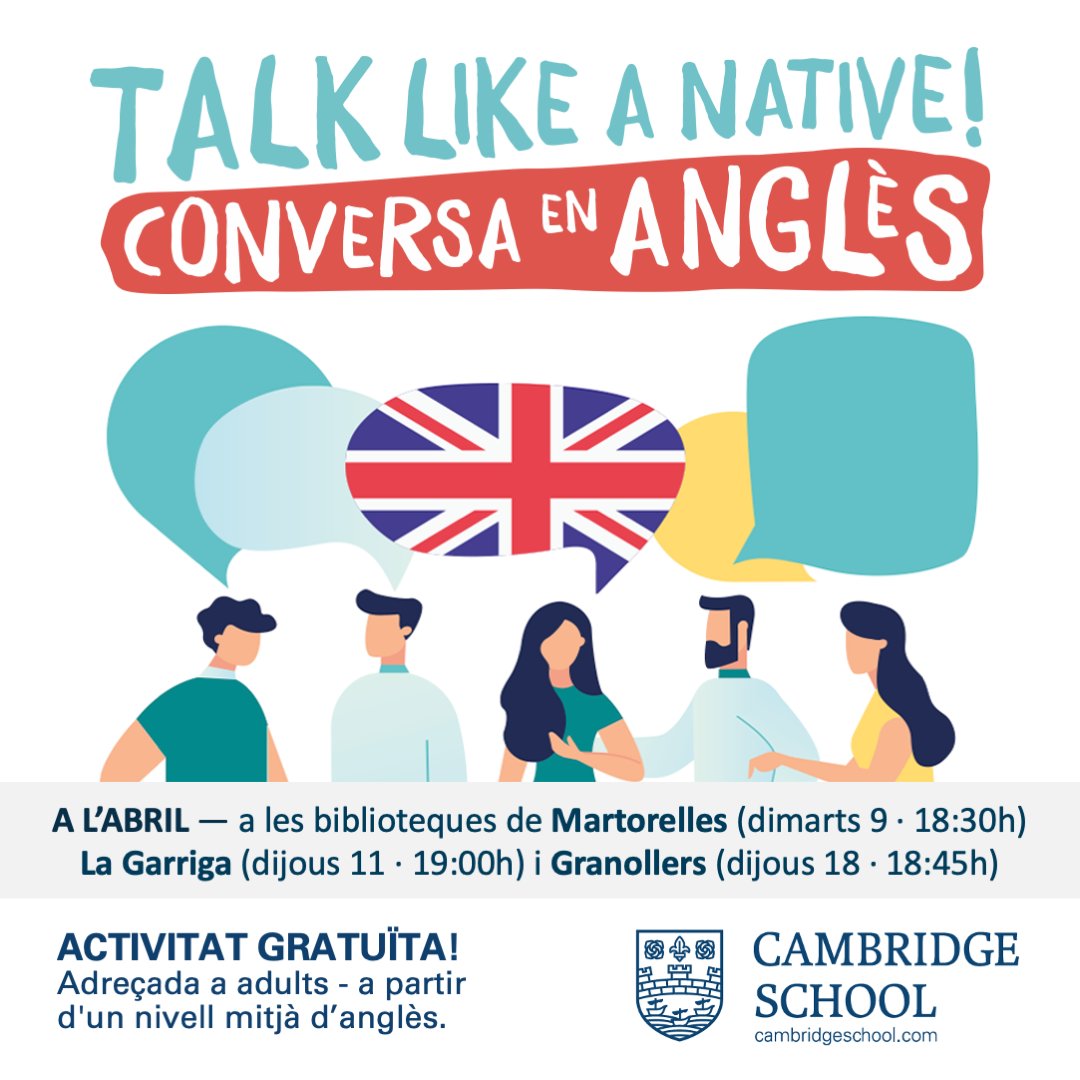 A l’abril: CONVERSA en ANGLÈS! Amb SESSIONS GRATUÏTES a biblioteques del #VallèsOriental: BIBLIO #Martorelles Dt 9 – 18:30h BIBLIO #LaGarriga Dj 11 – 19:00h BIBLIO #Granollers Dj 18 – 18:45h 👉👉cambridgeschool.com/ca/library-tal… #CambridgeSchoolOfficial