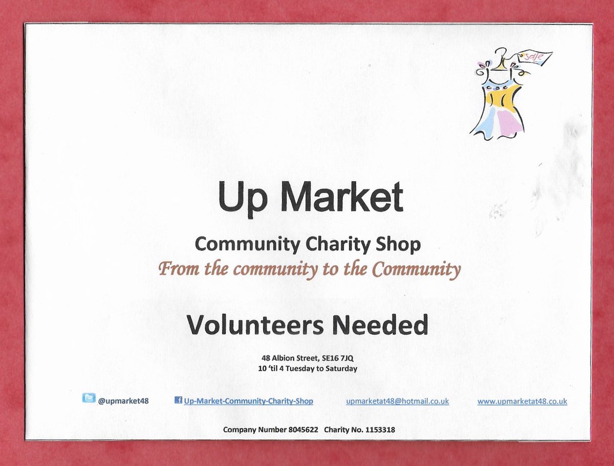 Do you have a few hours to spare each week ? @upmarket48 your @se16 community #charityshop is seeking #volunteers. Join a friendly #team. Lots of opportunities. ESOL? #practice #speaking #English #Returningtowork ? Need #confidenceboost #Uni. personal statement ? DoE?