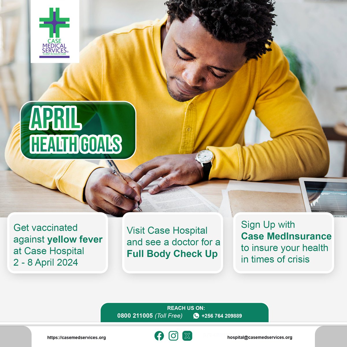 Hello! We're continuing with our April goals. Our priority remains your well-being, as healthy individuals are more productive. Ensure you're vaccinated, schedule a comprehensive health check-up, and enroll with Case Medinsurance today at bit.ly/3TlHtPf.