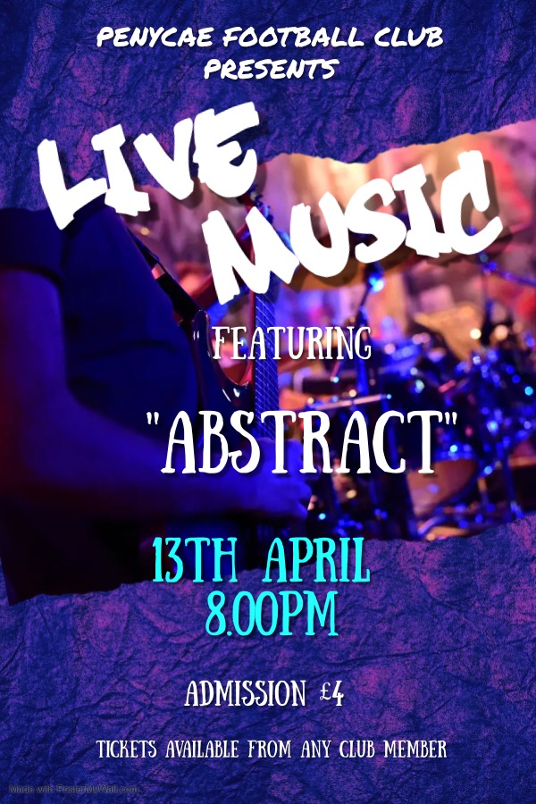 𝐋𝐢𝐯𝐞 𝐌𝐮𝐬𝐢𝐜 A reminder that on Saturday we have some brilliant entertainment with live music provided by the excellent Abstract. 💙 Our Crest, Our Club, Our Community, Our Cae 💙 #WeAreTheCae #MoreThanAClub #SupportLiveMusic