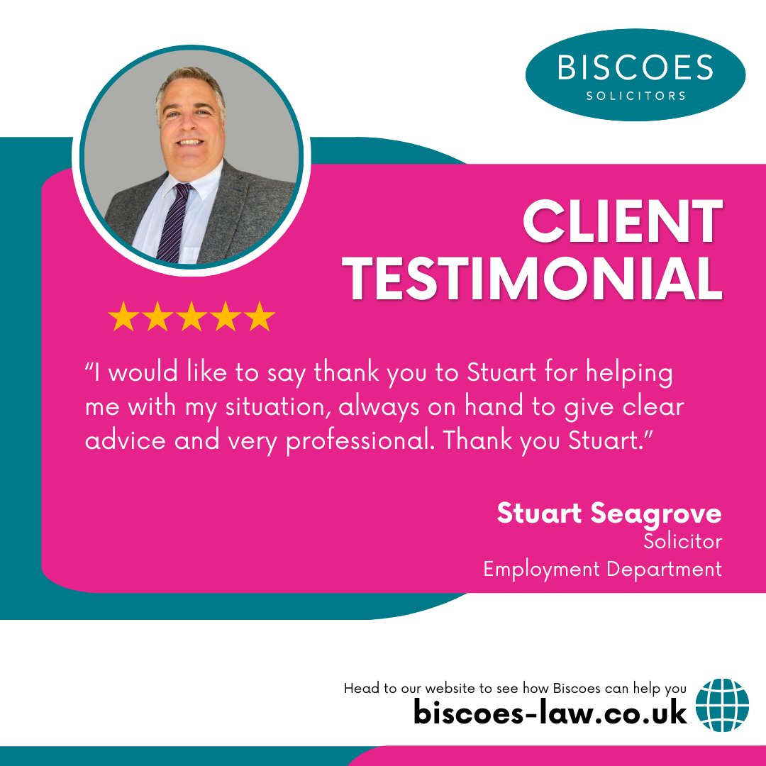 Well Done to Stuart Seagrove, Solicitor in our employment department, for receiving such great feedback from his client. Head to our website to see how our team can help you bit.ly/4aliOS5