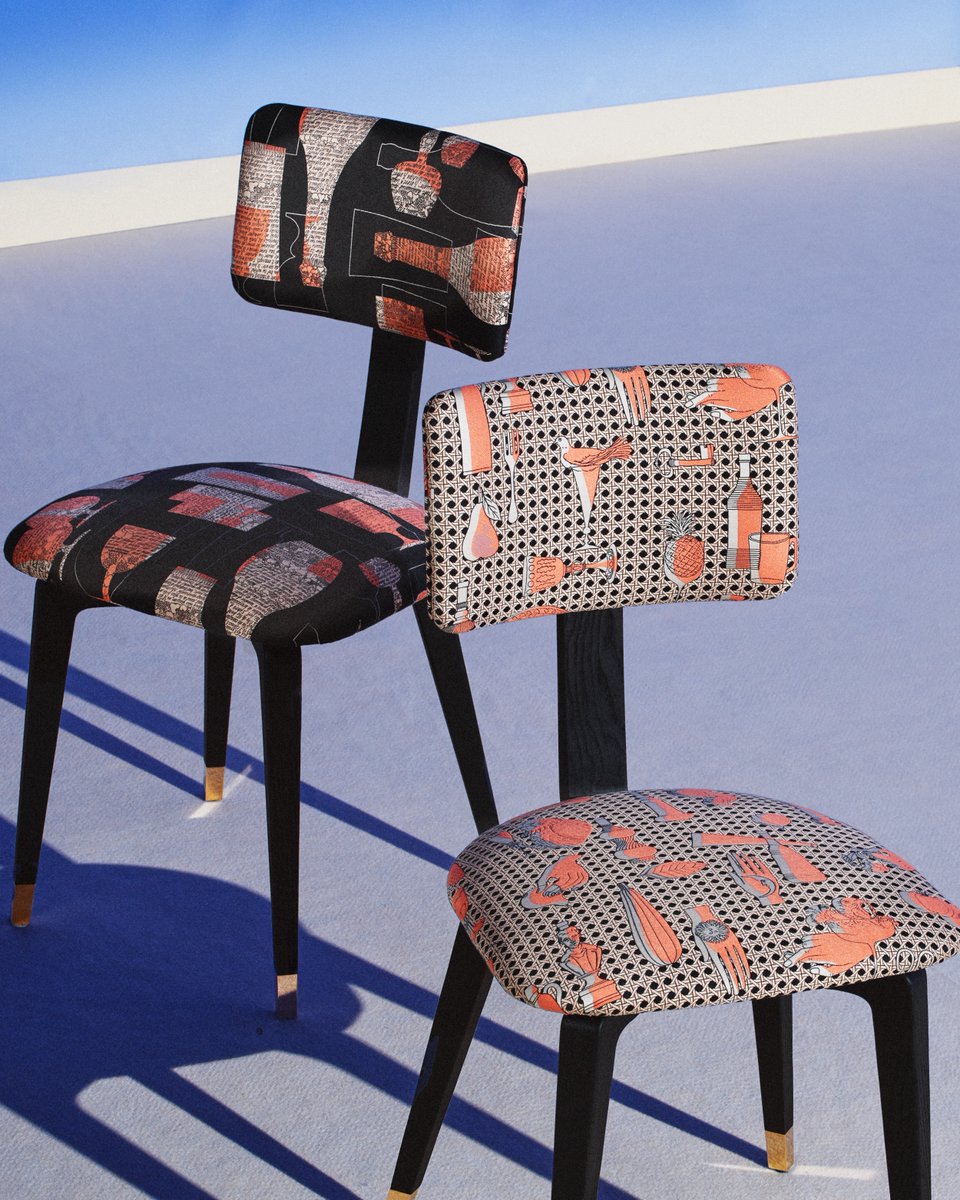 The new collection of padded chairs blends perfectly into every setting, filling it with bright colours and imagination through four different motifs that playfully reference the dining room. #Fornasetti #milandesignweek #MDW24 #cecinestpasunesalleàmanger