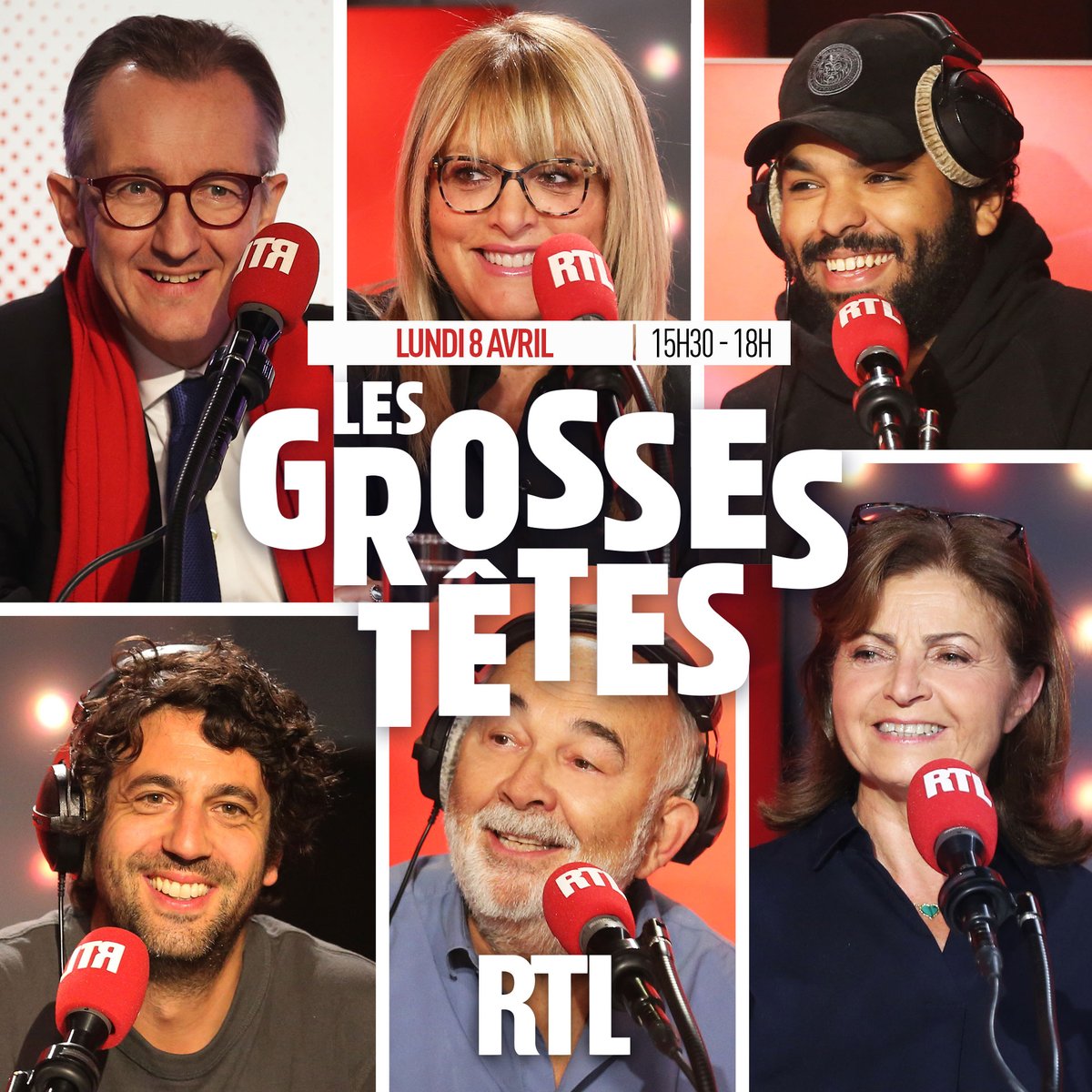 Bonjour à tous ! Découvrez Les Grosses Têtes de ce lundi 8 avril. Autour de @ruquierofficiel aujourd'hui : 🎬 #GérardJugnot 💎 @CarolineDiament 🤣 #AZ 📰 @C_Barbier 🤪 @max_boublil 🐴 #DarieBoutboul 📻 Coup d'envoi de l'émission 👉 15h30 sur RTL