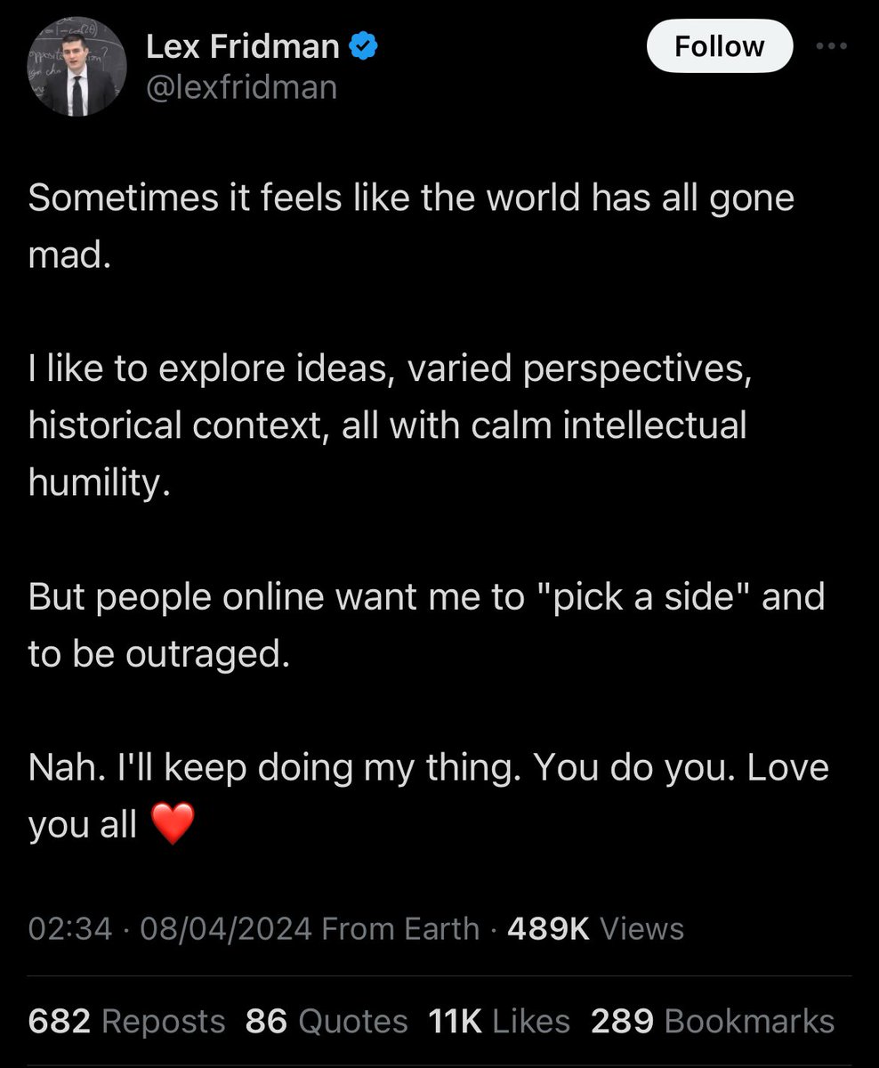 Lex, you spent Thanksgiving with the Trumps, your heroes are Elon Musk & Joe Rogan, you are furious at Fauci & admire RFK Jnr. Imagine if instead of this faux centrist stuff he acknowledged his bias, then said that *despite that* he’s going to try and have varied conversations.