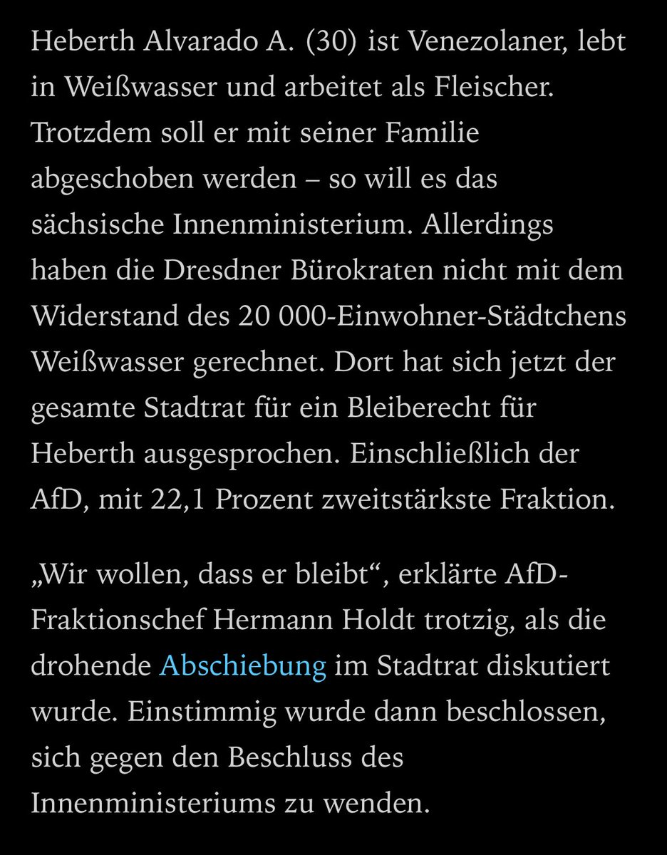 Dammbruch in Sachsen: In #Weißwasser machen Demokrat:innen gemeinsame Sache mit der AfD. Beschämend und geschichtsvergessen. Um ein starkes Zeichen gegen rechten Hass zu setzen, muss die Bundesregierung Alvarado A. umgehend abschieben. Die Brandmauer muss stehen!