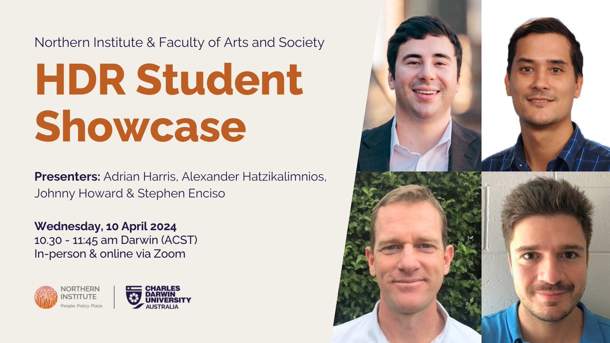 Join and support our students for the NI & @CDU_FAS's Higher Degree by Research (HDR) Student Showcase!🗓️ Wednesday, 10 April 2024 🕙 10:30 –11:45 am Darwin (ACST) 📍 In-person & online via Zoom ⏺️ Online via Zoom (all sessions recorded) Rego & more👉bit.ly/HDRShowcase24