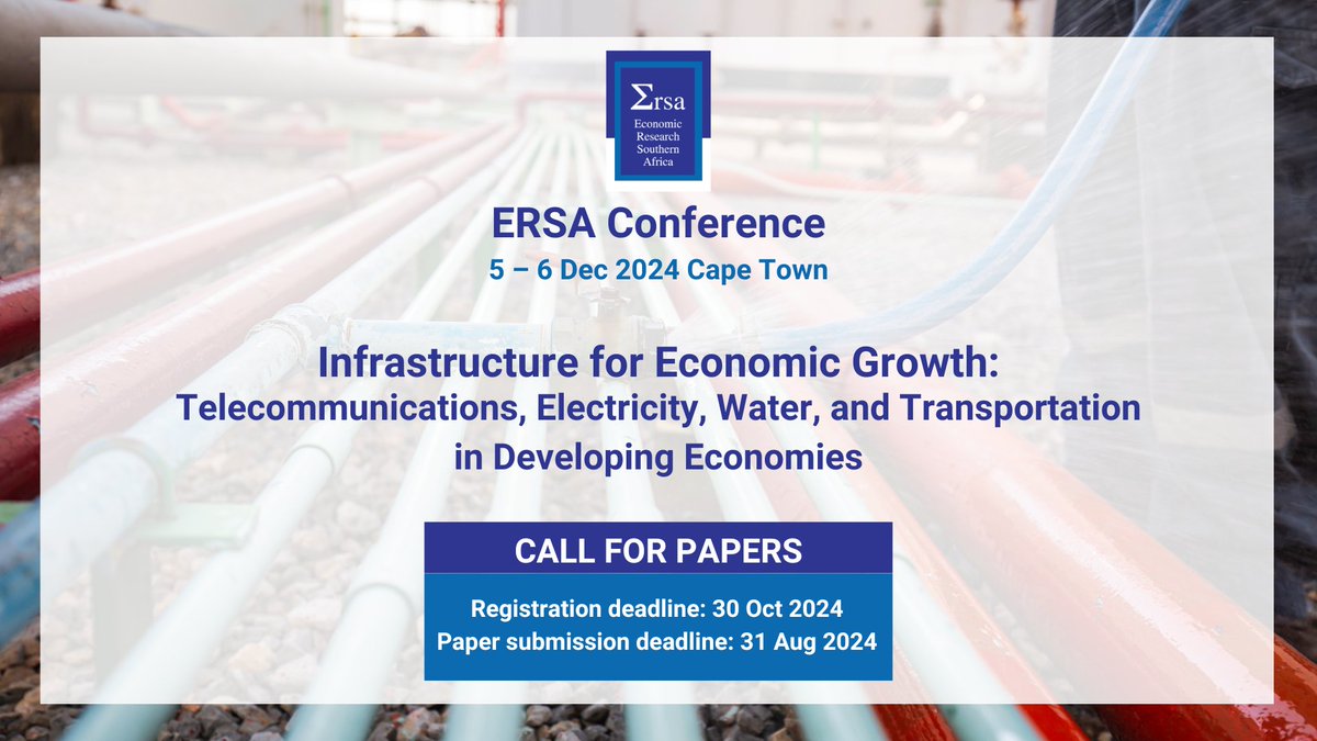 We invite you to join our 2 day Conference facilitated by Lukasz Grzybowski in Cape Town to shed light on the critical role of infrastructure in driving economic growth and competitiveness. Register by: 30 Oct 2024 Submit paper by: 31 Aug 2024 Learn more: econrsa.org/events/ersa-co…