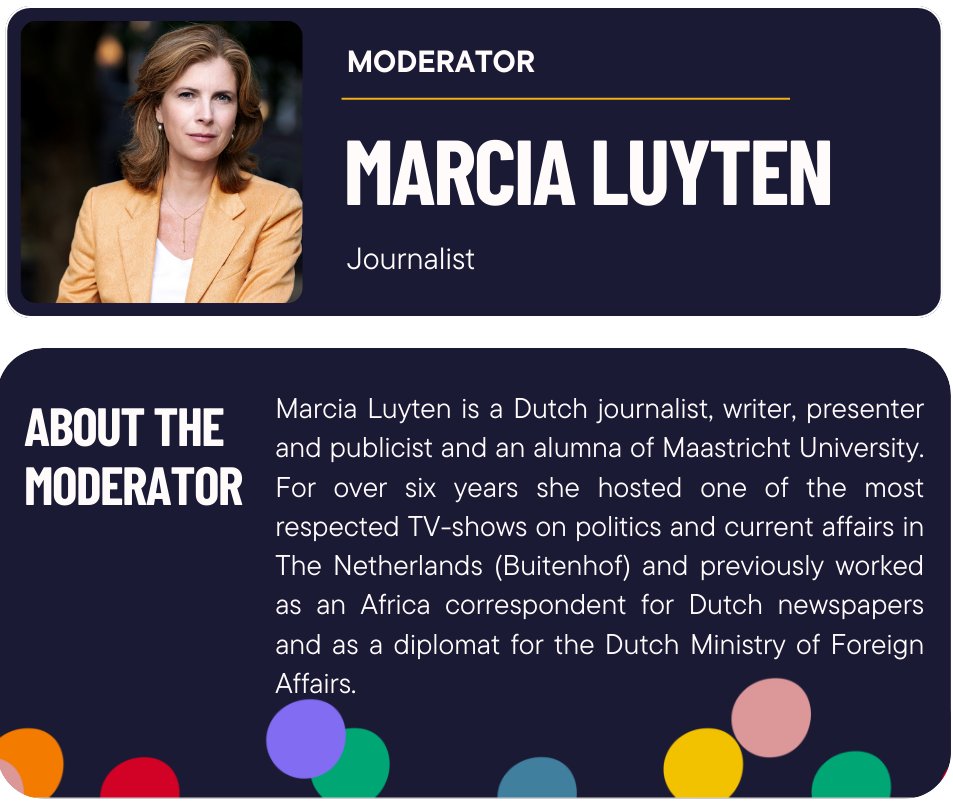 👋 Meet our moderator - @Luyte - Dutch journalist, writer, presenter, publicist & alumna of @MaastrichtU! Register & join online from anywhere to watch the #MaastrichtDebate where moderators bring their expertise to facilitate insightful discussions. trib.al/AcAENuy