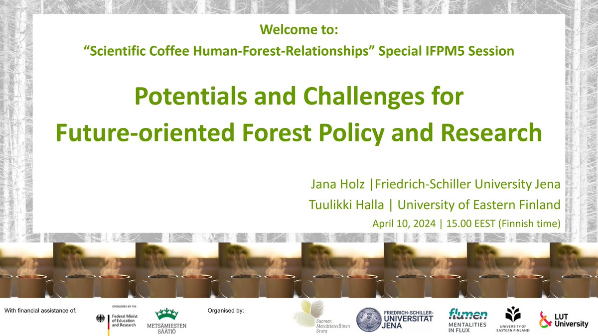 Next #humanforestrelationship Coffee session at Wednesday 10.4. (15 EST) - first time onsite at #IFPM5 meeting @helsinkiuni. Warmly welcome @ForestSciences & @Forest_sciences students (no registration needed) & IFPM5 registered participants. @MetsatSeura
helsinki.fi/en/conferences…