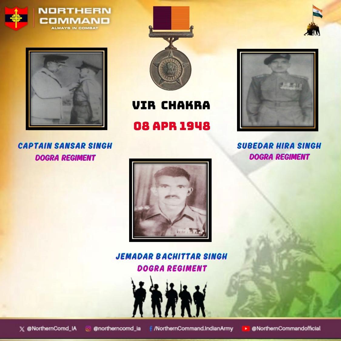 08 April 1948 #JammuAndKashmir Capt Sansar Singh, Sub Hira Singh & Jemadar Bachittar Singh displayed indomitable courage & valour in the face of enemy. Awarded #VirChakra. #RememberAndNeverForget #LestWeForgetIndia Read more about the hero👇 Gallantryawards.gov.in/awardee/1190…