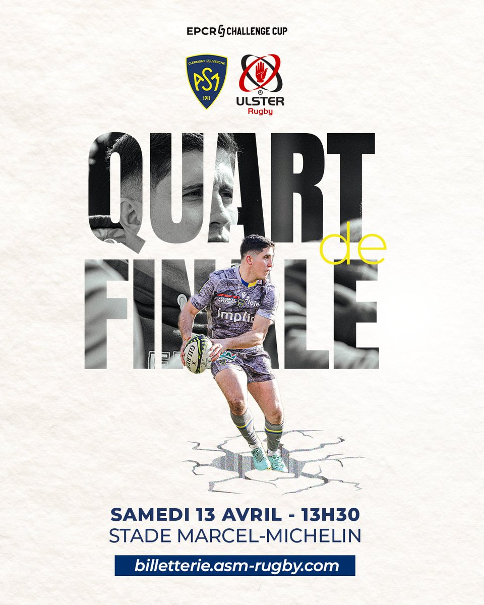 🔜 𝗤𝗨𝗔𝗥𝗧 𝗗𝗘 𝗙𝗜𝗡𝗔𝗟𝗘 Ne manquez pas le choc face à 𝗹'𝗨𝗹𝘀𝘁𝗲𝗿 pour une place en demi-finale de Challenge Cup ! 🌋 Rendez-vous samedi à 13h30 au stade Marcel-Michelin ⚡️ 🎟️: billetterie.asm-rugby.com/fr/meeting/276… #Yellowarmy #Ensemble