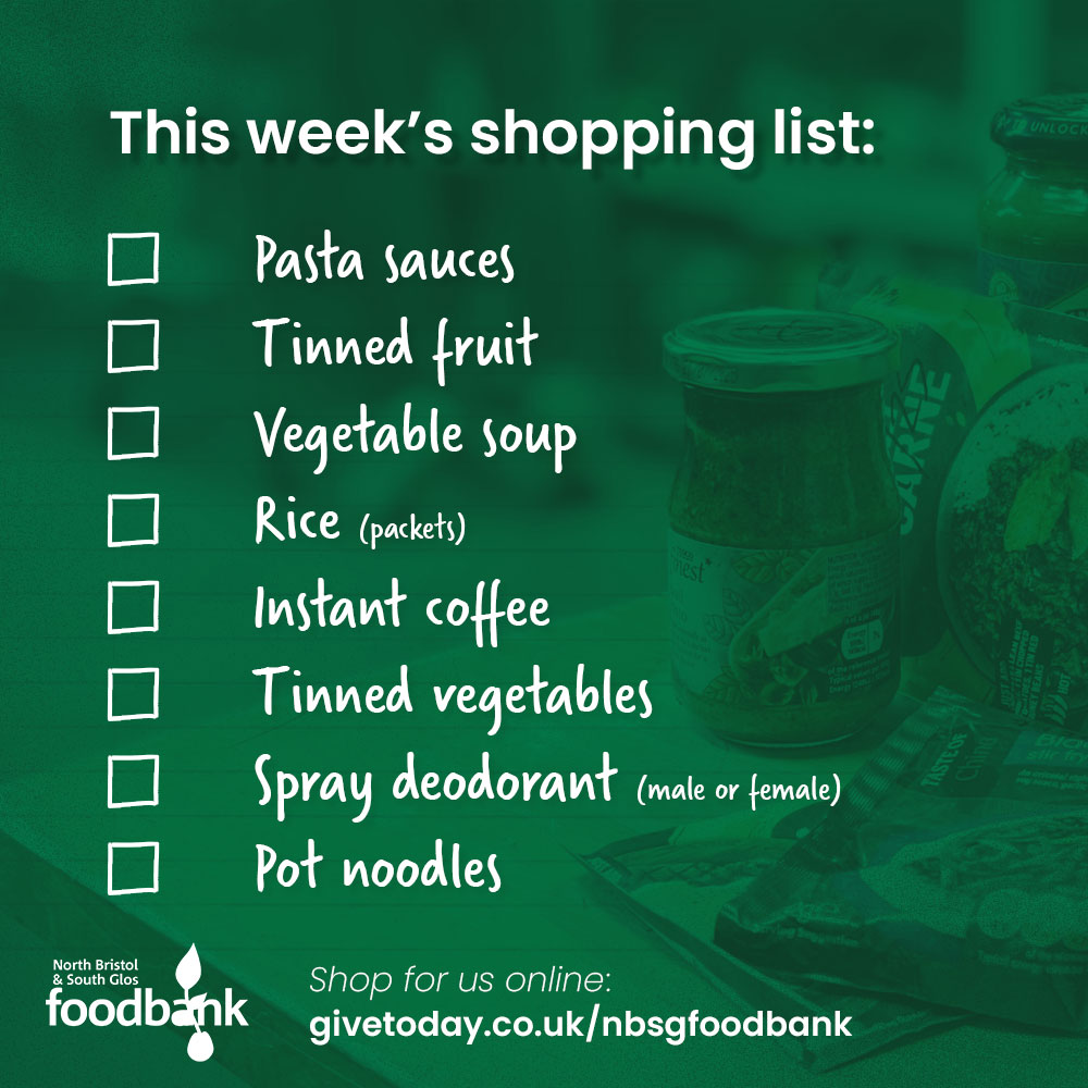 Our urgent needs this week: pasta sauces, tinned fruit, vegetable soup, rice packets, instant coffee, tinned vegetables, spray deodorant (male/female), and pot noodles. Pick up with your shopping & drop off at donation crates or buy online at givetoday.co.uk/nbsgfoodbank. Thank you!