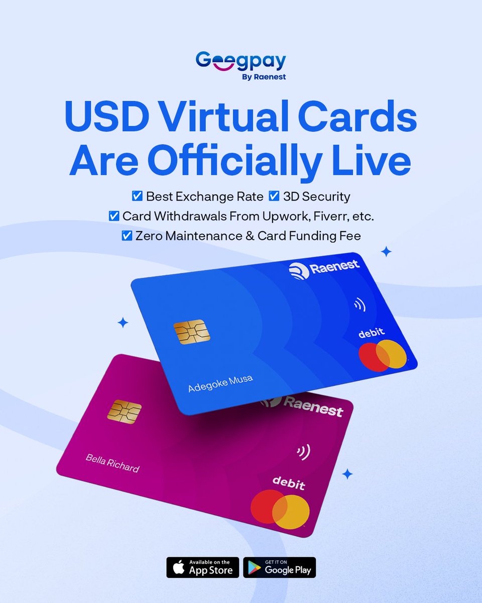 RaenestApp's tweet photo. Get our new virtual dollar card for just $1!π
Renew subscriptions, pay for streaming services, and shop online - anywhere, anytime.
Create your card on the app today.
#GeegpayVirtualCard #Only1Dollar https://t.co/bsWd4VdMZ5