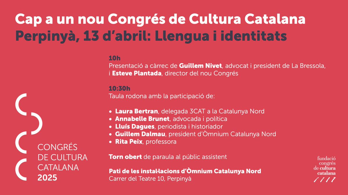 El nou Congrés avança amb el primer dels actes que organitzarem al llarg d'aquest 2024
#CongrésdeCulturaCatalana
🗓️👇
13 d’abril, Perpinyà: Llengua i identitats @omnium_catnord
Amb Laura Bertran, Annabelle Brunet, Lluis Dagues, Guillem Dalmau i Rita Peix

noucongres.cat