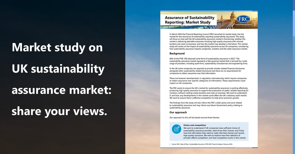 Stakeholders taking part in the market study will have the opportunity to support the FRC in developing our understanding and inform our approach to future work. Submit your comments by 13 June: ow.ly/yY2h50Rae5P #SustainabilityAssurance