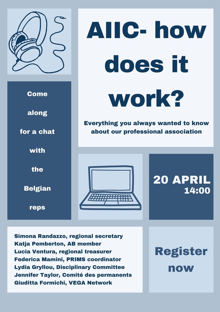 Join us next week to have a chat with the Belgian AIIC reps and ask any questions you may have about out professional association.
Register here: shorturl.at/oyA46
