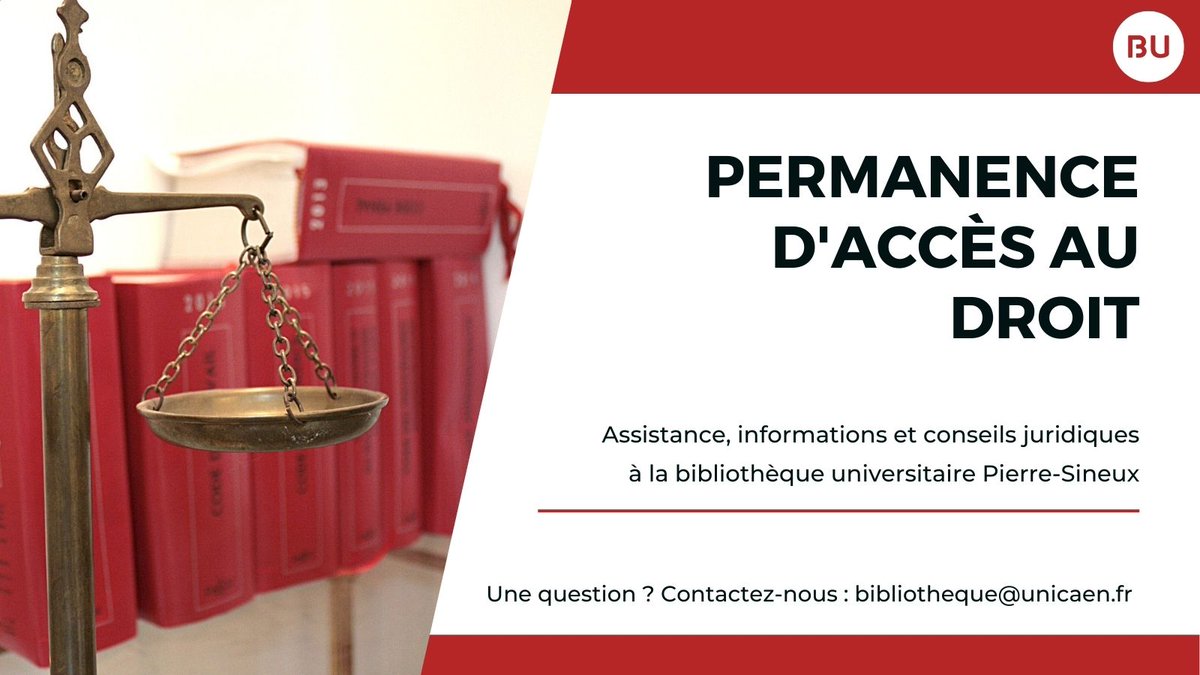 BibUnicaen's tweet photo. La #Bibliothèque Pierre-Sineux @Universite_Caen, campus 1, accueille 2 mercredis par mois la permanence d'accès au #Droit
Obtenez #Assistance, informations &amp; #Conseilsjuridiques avec le #CDAD14 @CalvadosDep
Gratuit · Avec ou sans rdv
10 avril ∙ 13h30-17h
https://t.co/Eev6b69Q57 https://t.co/TkJF7ftbuw