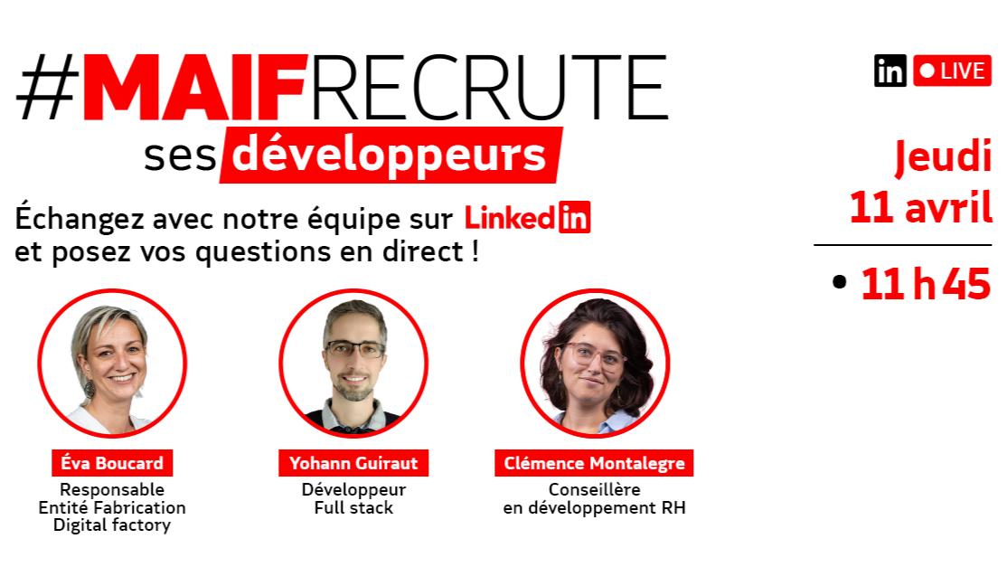 À la recherche d'un poste de développeur ? Assistez au Live LinkedIn organisé par la @Maif ! 👍 Rendez-vous le 11 avril à 11H45 pour découvrir leurs offres ! Pour vous inscrire : linkedin.com/events/7181912… #Emploi #Recrutement