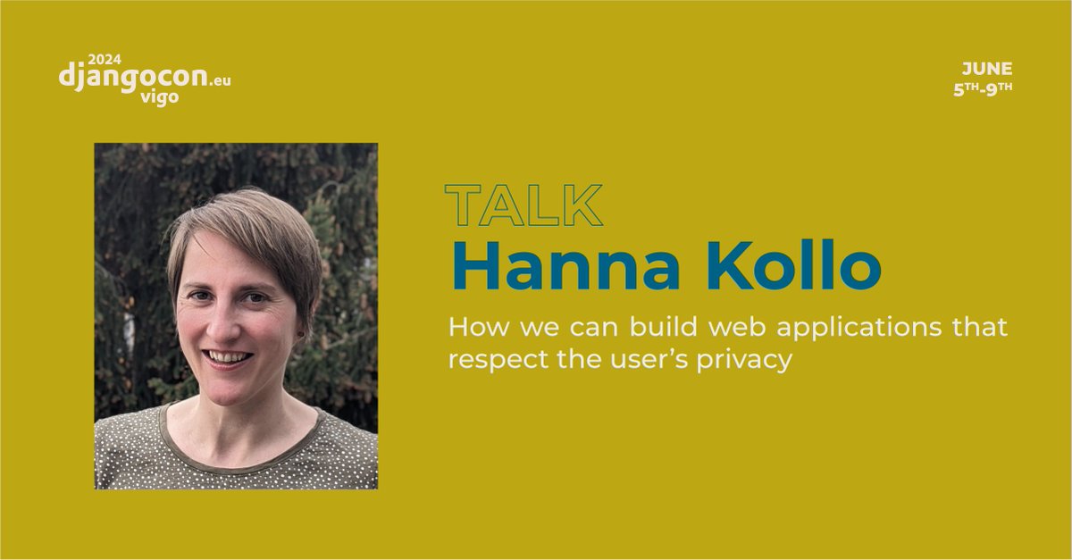 🎙️ TALK: How we can build web applications that respect the user’s privacy by Hanna Kollo (<a href="/HannaKollo/">Hanna Kollo</a>)

2024.djangocon.eu/talks/schedule/

🎟️ Grab your ticket: pretix.evolutio.pt/evolutio/djceu…

#djangoconeurope #python #django #conference