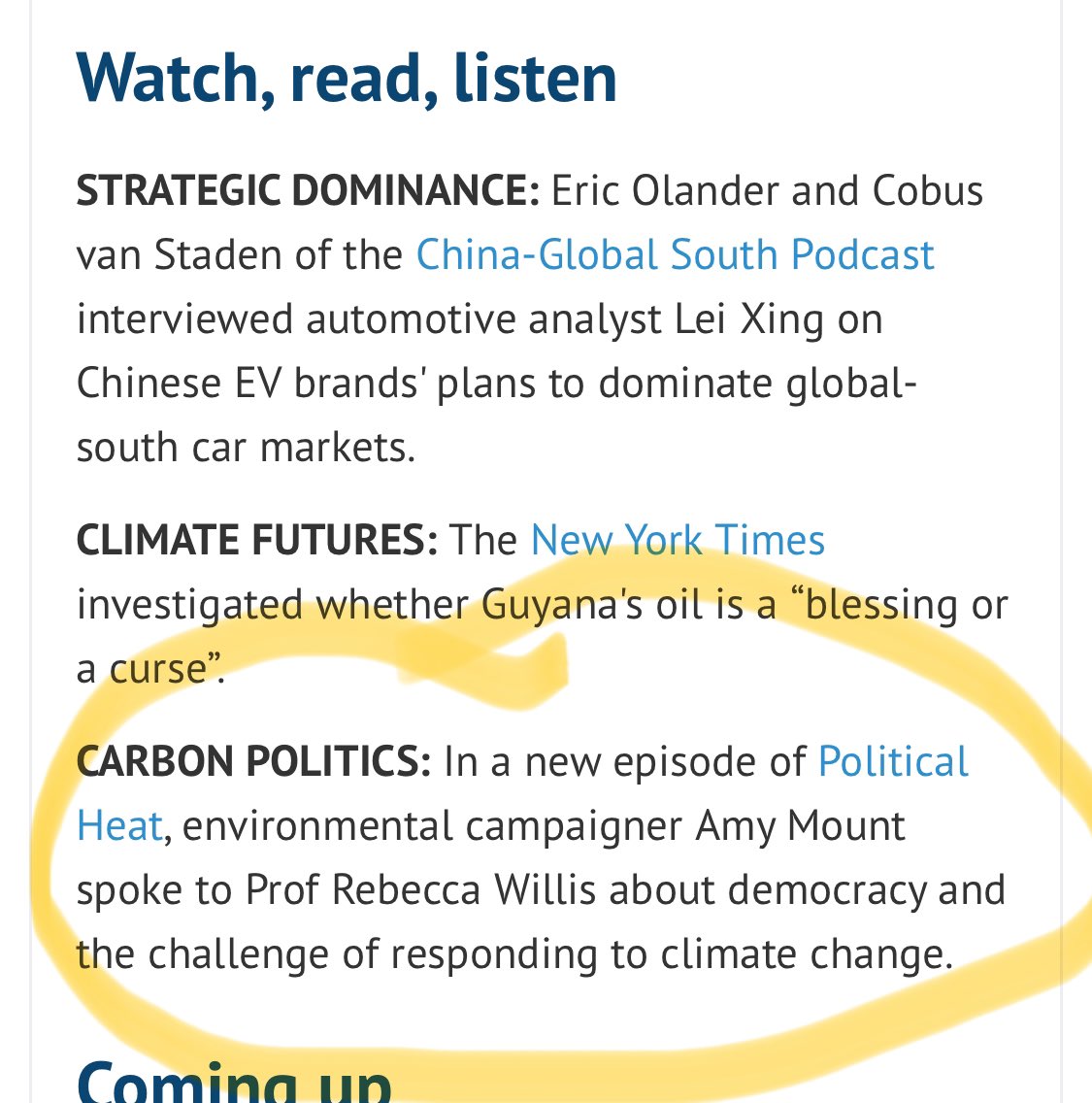 Exciting to see the Political Heat episode with @Bankfieldbecky recommended in @CarbonBrief’s weekly newsletter! (Which is itself a great read - sign up here: carbonbrief.org)
