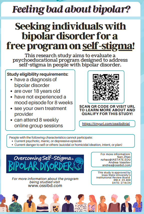 Calling those with #Bipolar #BipolarDisorder! My US colleague is looking for participants in UK to take part in an evaluation of on a new online group therapy. This is to work on feelings of self-stigma & shame Sign up here: tinyurl.com/ossibdtrial #BipolarClub #BipolarFamily