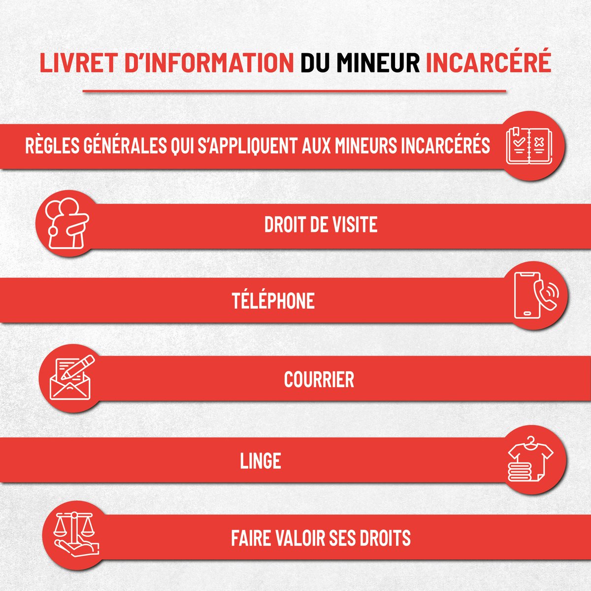 L’OIP a publié un livret d’information à destination des familles de mineurs incarcérés qui vise à leur fournir des informations susceptibles de les aider à mieux comprendre le fonctionnement des #prisons où sont détenus leurs enfants. 👉oip.org/publication/li…