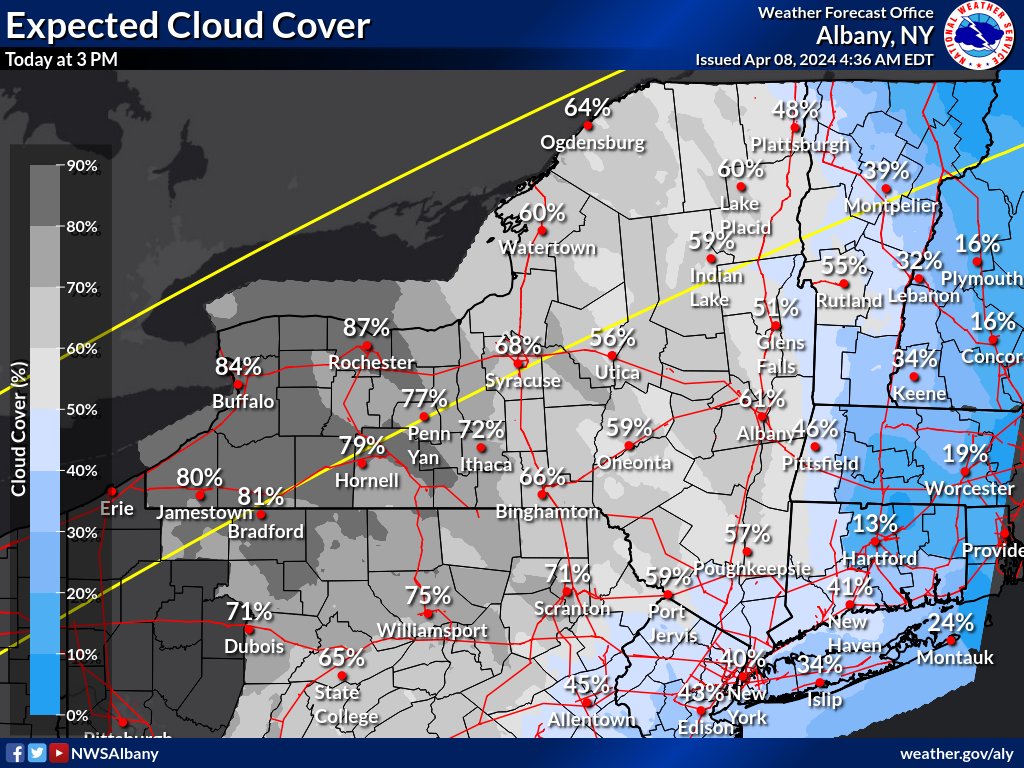Today is the day! For those hoping to observe the Total Solar Eclipse, here is a look at the expected sky cover for 3pm. While high level clouds will be increasing this afternoon, some of them will be thin, so the eclipse may still be viewable, especially for eastern areas (1/2)