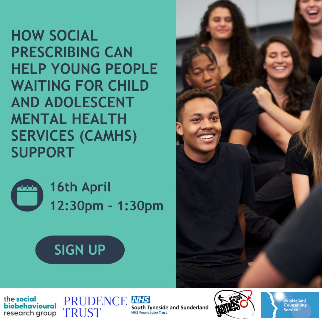 Sign up for our next webinar on the 16 April, 12:30p - How social prescribing can support young people waiting for #CAMHS support Explore how a #SocialPrescribing pathway could help young people while they are waiting to access CAMHS Sign up: ow.ly/JBIC50R7nBz