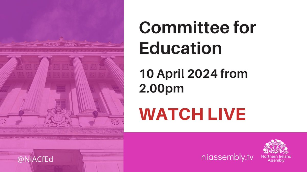 📢 The next meeting of the Committee for Education will take place on Wednesday 10th April in Room 29 of Parliament Buildings from 2.00pm. 📺 Watch Live on Northern Ireland Assembly TV (niassembly.tv)