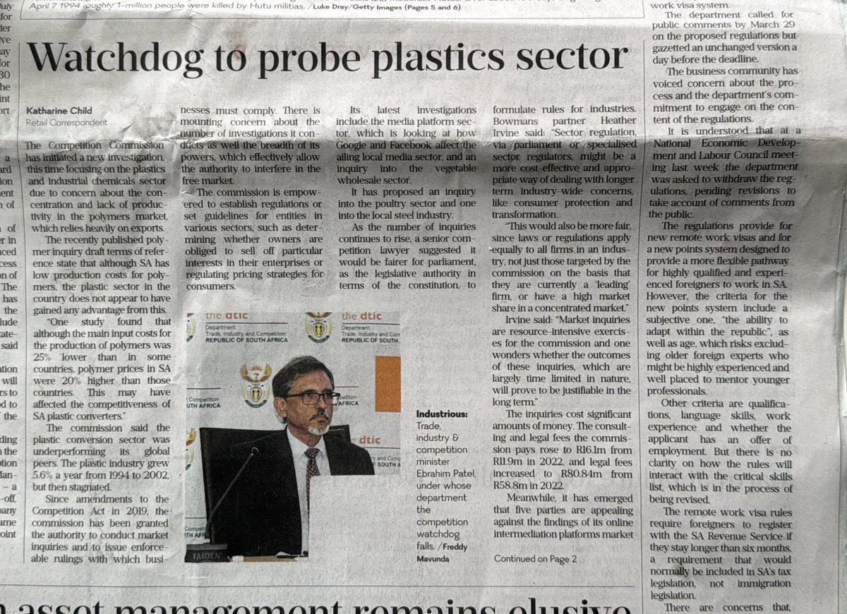 DTI Minister Patel, the great uniformed one, now having a go at the local plastics industry

Reading the terms of reference in <a href="/BDliveSA/">Business Day</a> (he) &amp; his unenlightened hoard, clearly are not aware of the material challenges on the local plastics producers going back years

Maybe he