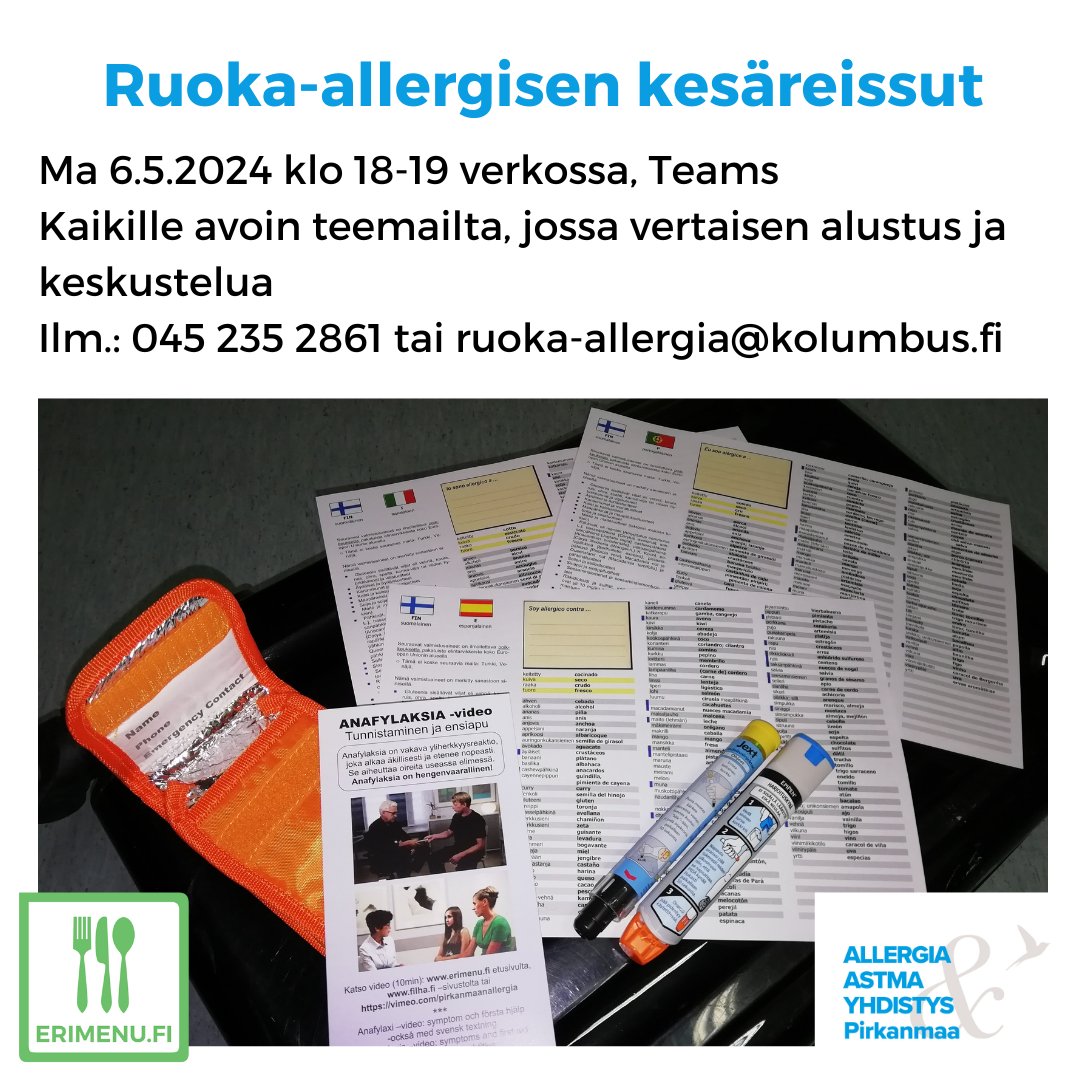 Kaikille avoin verkkoteemailta: Ruoka-allergisen kesäreissuvalmistelut (6.5.). Millaisia asioita on hyvä ottaa huomioon kesäreissuja suunnitellessa? Mihin kaikkeen #ruokaallergia voi vaikuttaa? Ilmoittaudu mukaan.
#anafylaksia #allergiaperhe #allergialapsi #allergianuori @erimenu