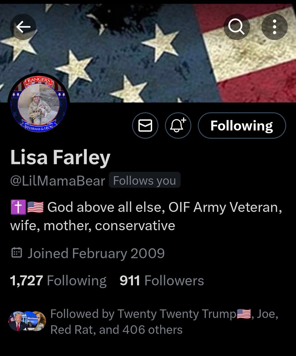 Hey 🇺🇸 America help push this Army Veteran to over 1000 followers.
She's an awesome wife and a great mother.
Lisa Farley @LilMamaBear is an 🇺🇸 American Veteran and a Hero. 
So come on 🇺🇸 America show this 🇺🇸 Veteran how we can push her to over 1000 followers.

#RangersVetsAndLEOs…