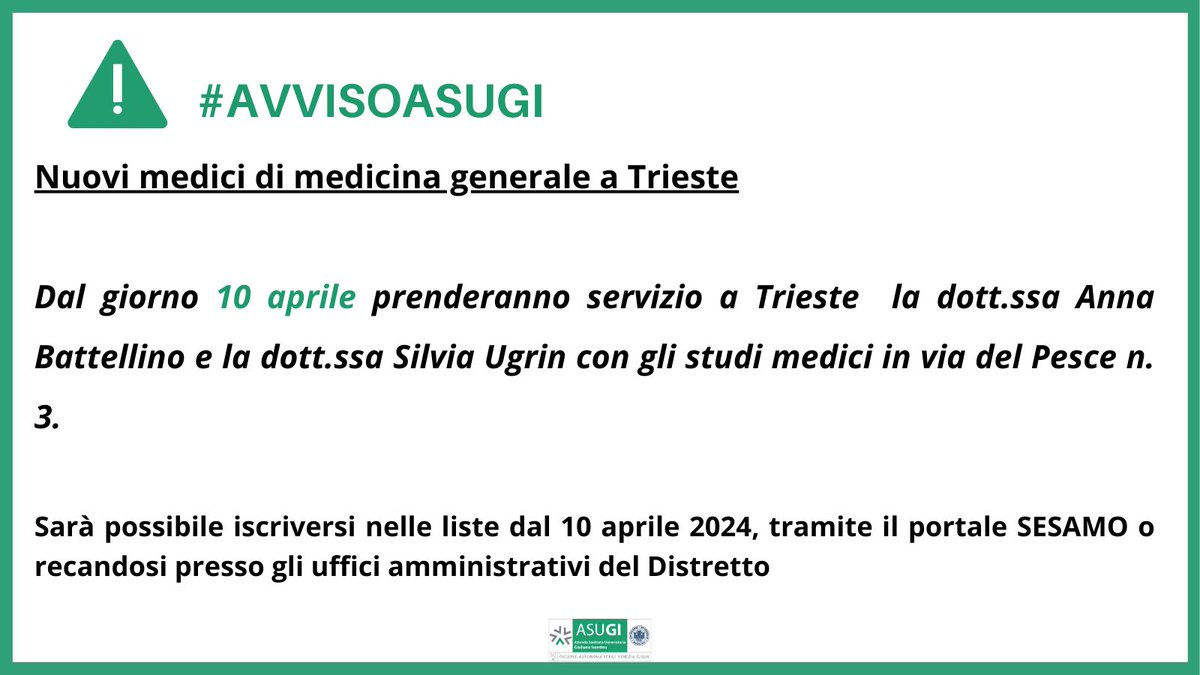 #AVVISOASUGI ⚠️ Nuovi medici di medicina generale a Trieste maggiori informazioni 👉 tinyurl.com/5ezrnzf2