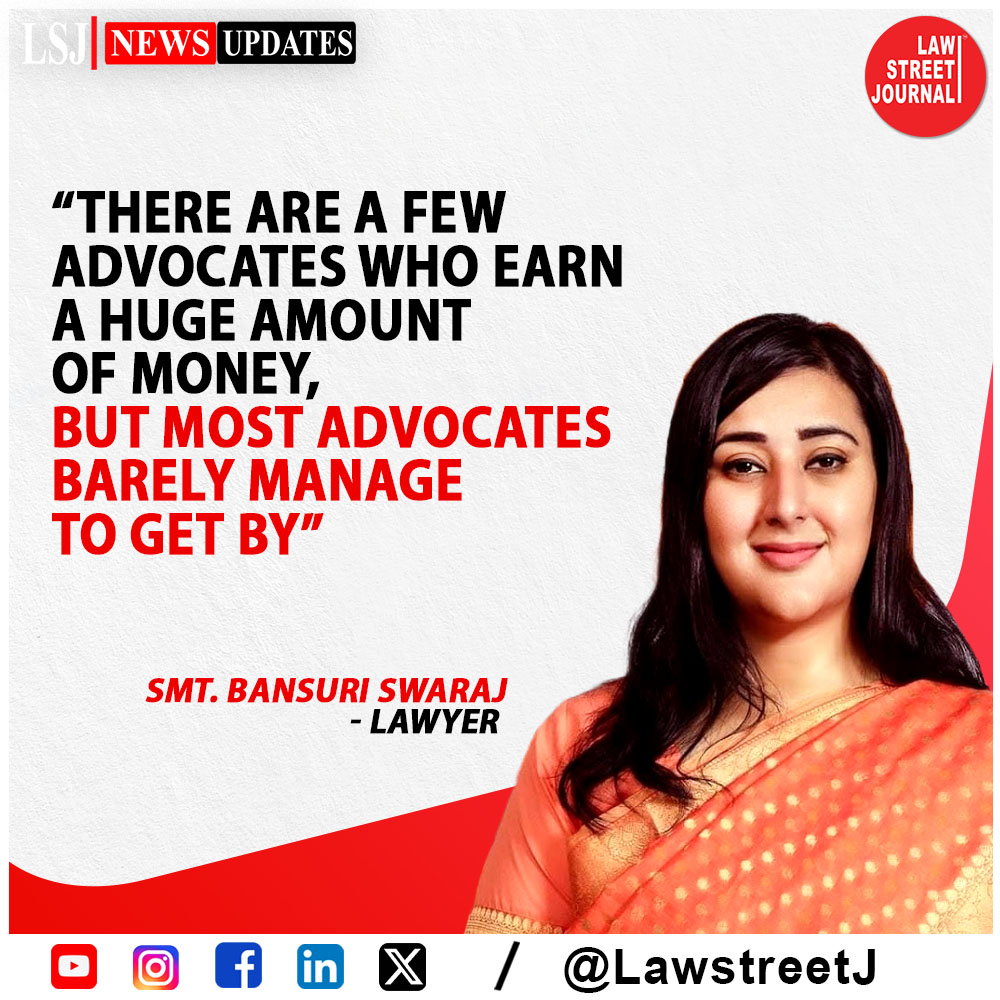 LawstreetJ's tweet photo. Smt. Bansuri Swaraj reflects on the sad plight of #lawstudents and how maximum chambers do not pay stipend to their #legalinterns.

“There are a few #Advocates who earn a huge amount of money, but most Advocates barely manage to get by”, she said.

@BansuriSwaraj https://t.co/HGPzg5jxdn