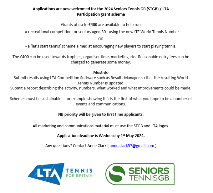 Applications are now been welcomed for the 2024 Seniors Tennis GB (STGB) / LTA Participation grant scheme. Further details below and you can apply here - fs18.formsite.com/ltaadmin/sk1j2…