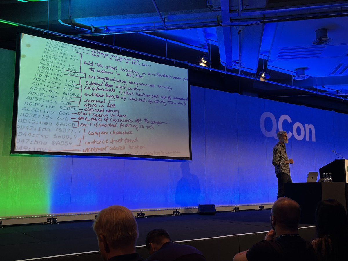 Disassembling BBC Basic Sample by Jeremy Ruston @qconlondon keynote - a road down memory lane for me seeing assembly code 😀