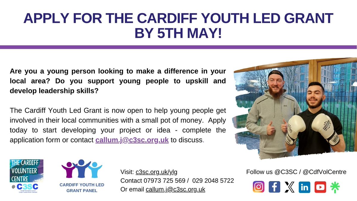 Are you 14-25? Do you have some brilliant ideas to advance your #community to support other young people? Our #Cardiff #YouthLedGrant is now open for applications. Apply for up to £1,500 to support your project. See how here: c3sc.org.uk/ylg
