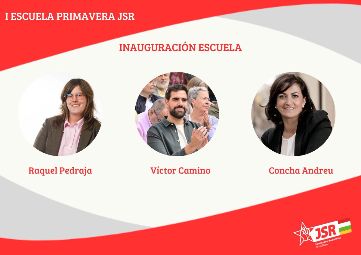 𝐈 𝐄𝐒𝐂𝐔𝐄𝐋𝐀 𝐏𝐑𝐈𝐌𝐀𝐕𝐄𝐑𝐀 𝐉𝐒𝐑 INAUGURACIÓN -Raquel Pedraja: Secretaria General de JSR -Víctor Camino: Secretario General de JSE -Concha Andreu: Secretaria General del PSOE de La Rioja #IEscuelaPrimaveraJSR